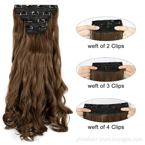 wholesale Long Wavy Synthetic Hair Extensions 2P 5P Thick Hair Invisible Head  Hairpiece for Women Brown wavy hair